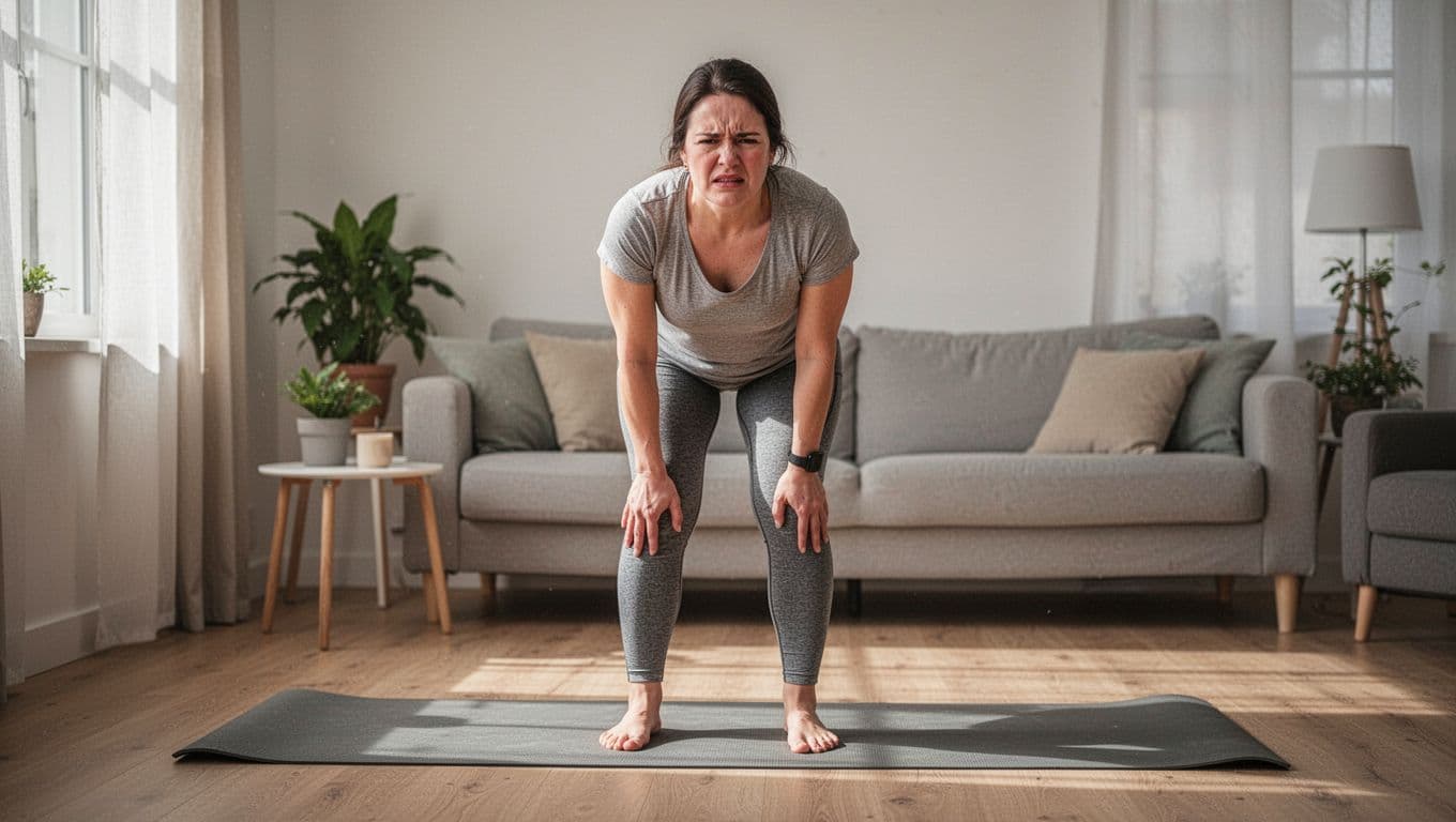 Realistic photo of an adult beginner woman in casual home clothes performing an unsafe bouncing forward bend hamstring stretch in a living room, with slight bounce motion at hips, hands near shins, tense expression of mild discomfort, feet shoulder-width apart.