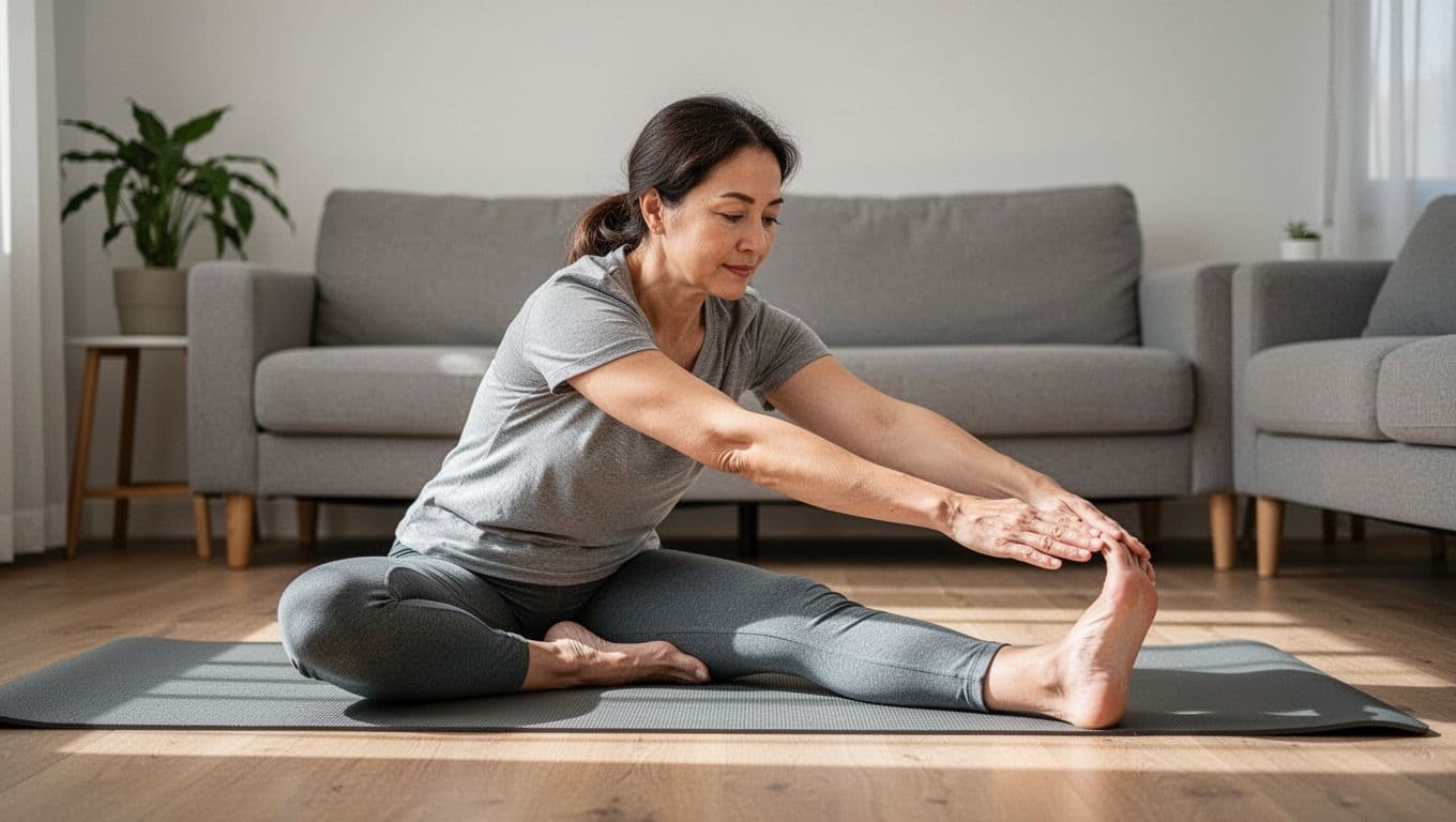 An adult beginner woman in casual home clothes performs a seated forward hamstring stretch on a living room floor mat, with one leg extended straight, the other foot against her inner thigh, hands reaching toward her toes, showing a mild stretch on a calm, relaxed face under natural indoor light.