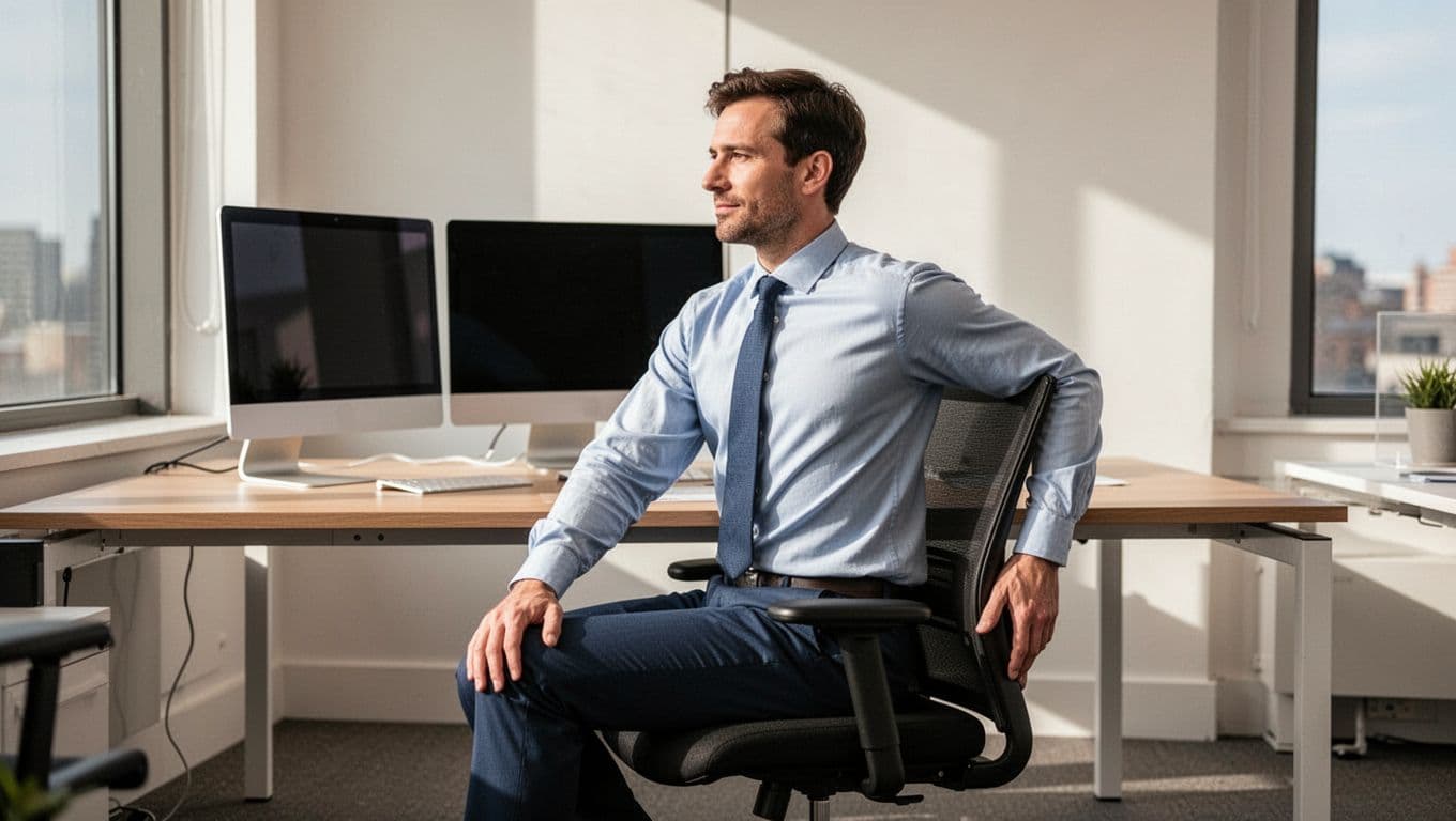 A single adult office worker in business casual clothes sits at an office desk performing a seated spinal twist stretch, right hand on left knee, left hand gripping chair backrest, torso rotated left with upright spine, calm expression, modern office background with computer and window, natural daylight, realistic photo.