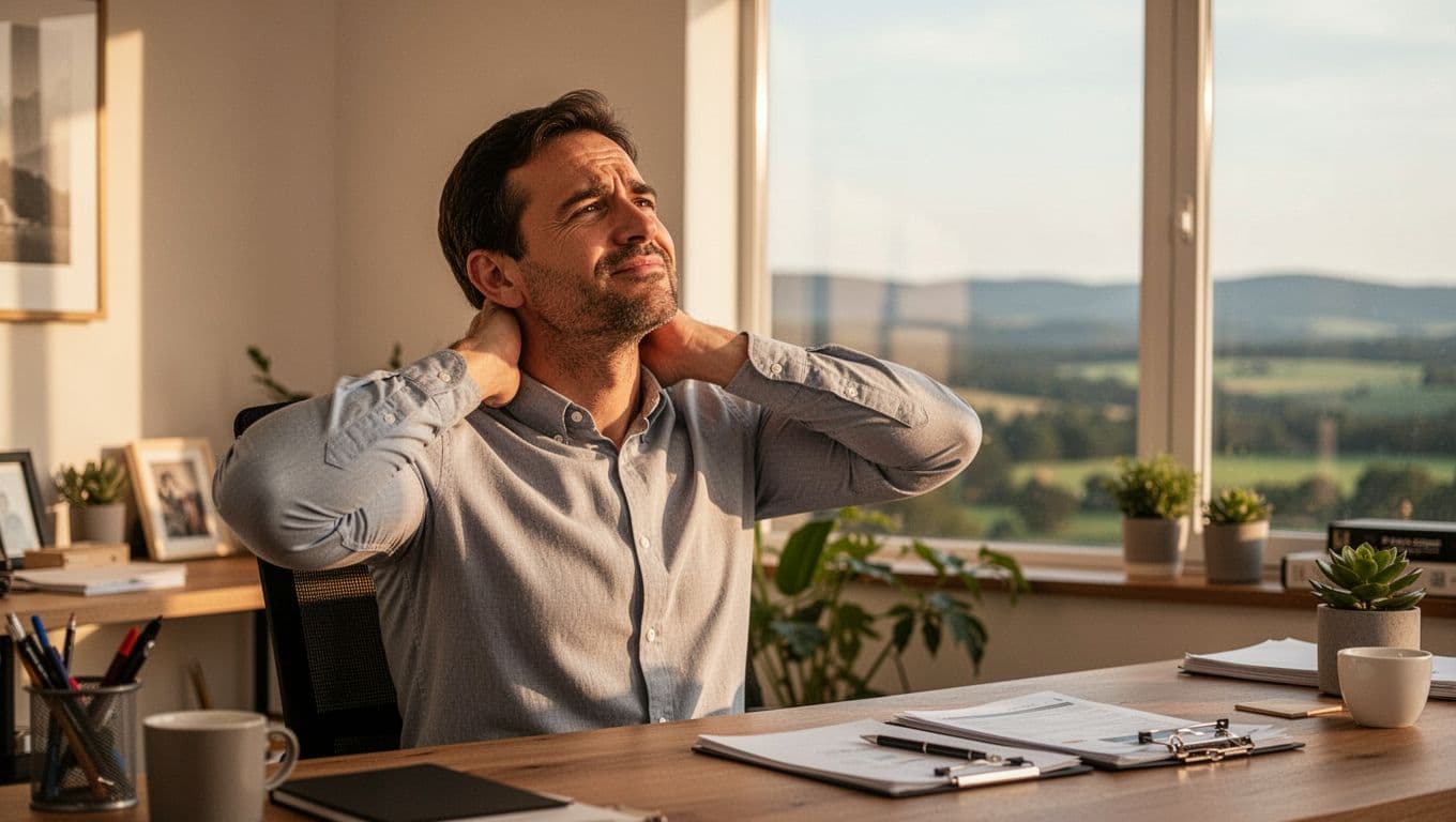 A realistic photo of one adult office worker in a home office, sitting at a desk after a long day, with subtle tension in shoulders and neck, hand gently rubbing neck, showing mild discomfort on a relaxed face.