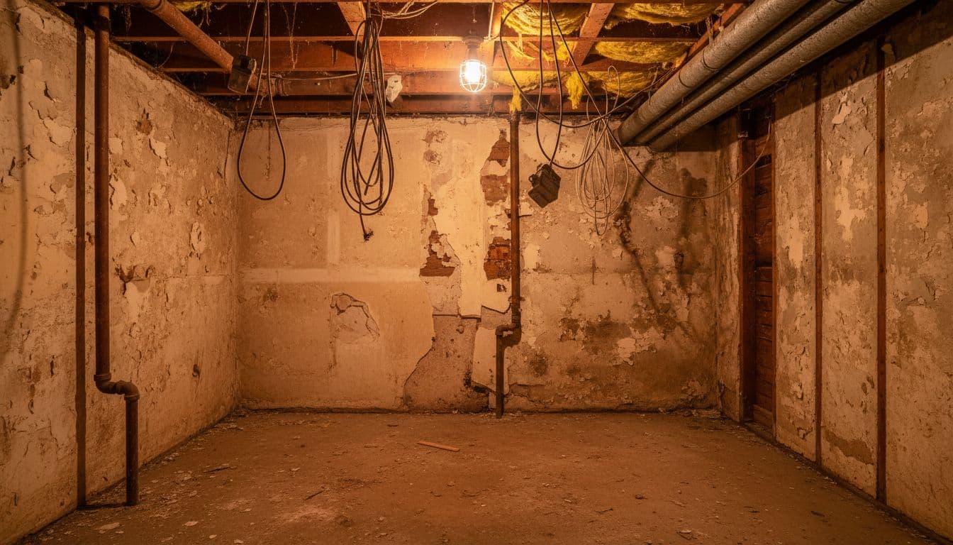 Realistic photo of an aged basement in an older Northern Colorado home with exposed water damage on walls, outdated dangling wiring, uneven subfloor, insulation gaps, cracked drywall, and rusty pipes under dim lighting.