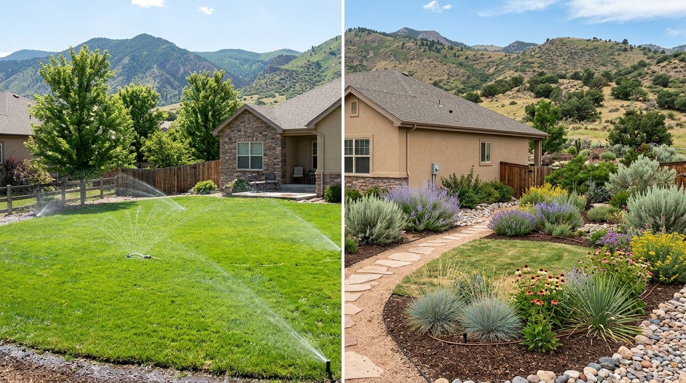 Split-image comparison of a traditional thirsty lawn with sprinklers on the left versus a water-efficient xeriscape featuring native plants, mulch, small lawn, and drip irrigation on the right, against sunny Colorado foothills.