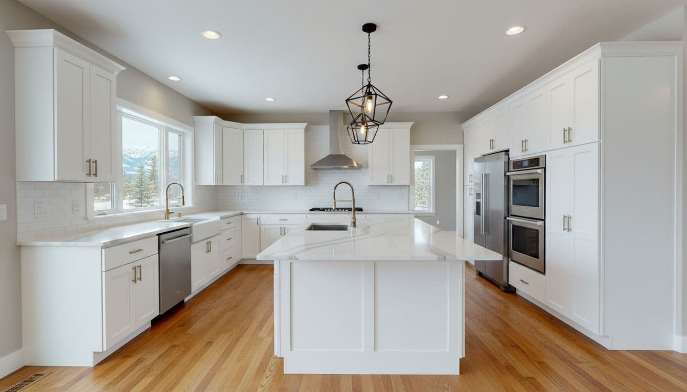 Cozy modern kitchen renovation in a Northern Colorado home with fresh white cabinets, new quartz countertops, updated lighting fixtures, and refinished hardwood floors. Original layout intact with central island, warm natural light, clean and inviting empty atmosphere in realistic photo style.