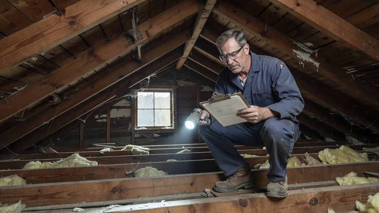 A professional inspector stands amidst wooden roof beams, holding a flashlight and clipboard to examine insulation. Natural light filters through a small side window, illuminating the unfinished rafters and dusty flooring.
