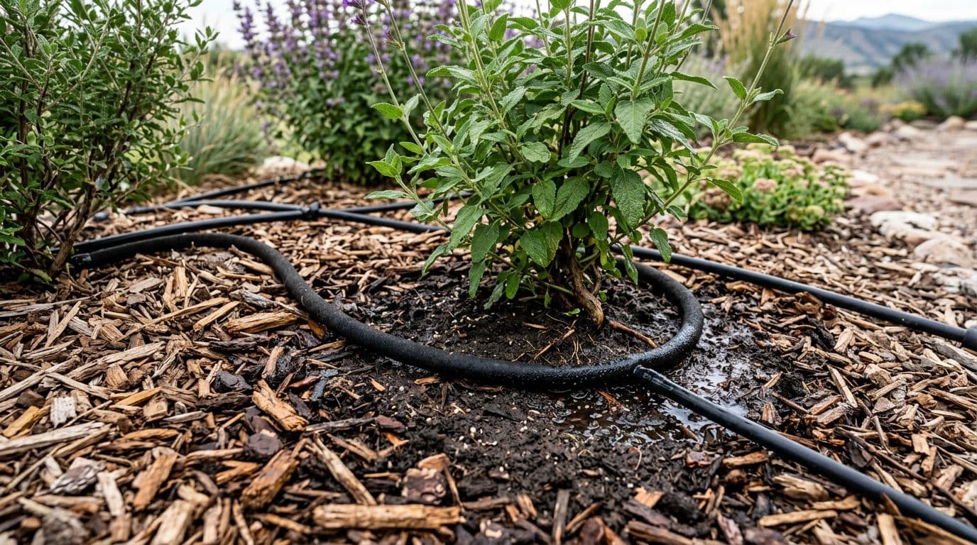 Close-up of a drip irrigation system with soaker hoses in a xeriscape bed, surrounding healthy shrubs and perennials, showing moist soil, mulch layer, and green plants in a Colorado garden under natural daylight.