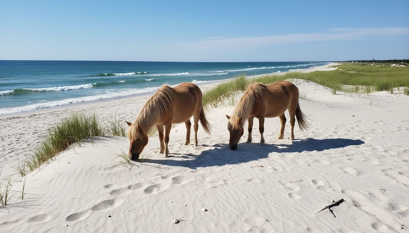 Pristine beach scene on Assateague Island, Maryland, with exactly two wild horses grazing near white sand dunes and turquoise ocean surf, scattered seashells, grassy marshes, under bright daylight.