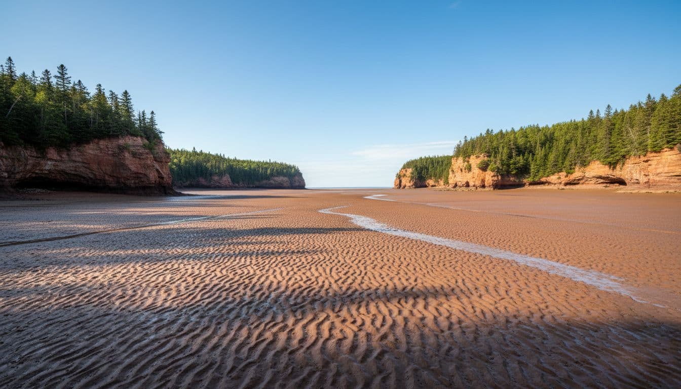 Vast exposed mudflats of the Bay of Fundy stretch to the horizon at low tide, framed by red rocky cliffs and green forests on a clear sunny day, showcasing the extreme tidal range in a dramatic landscape composition.