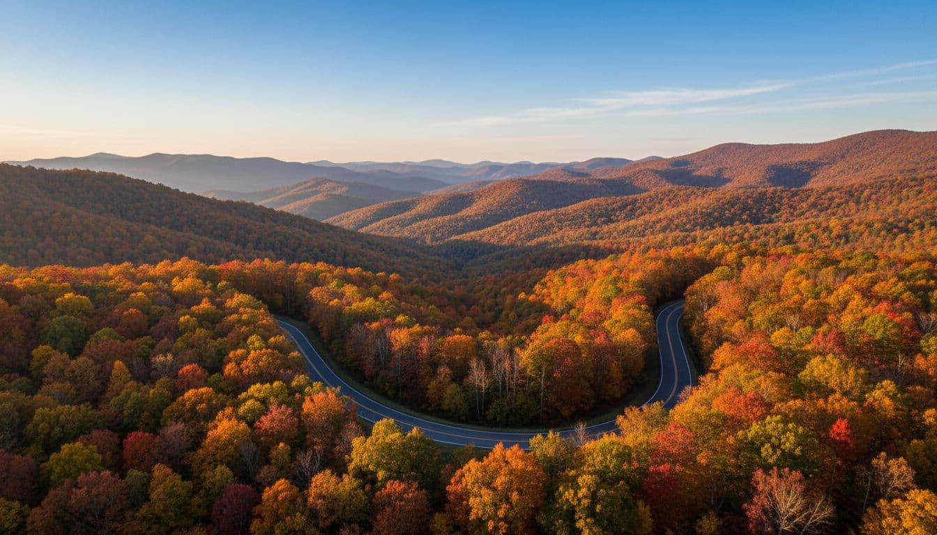 A winding asphalt road curves through dense, vibrant red, orange, and yellow fall foliage on tree-covered mountains along the Blue Ridge Parkway in North Carolina, under a clear blue sky with soft morning light.