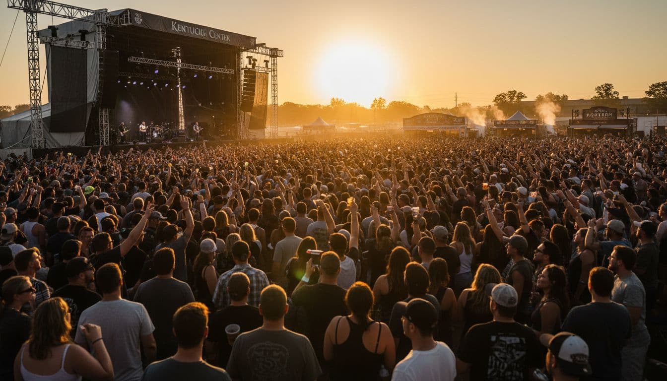Dynamic festival crowd of 50-100 excited fans with drinks enjoying a rock concert at sunset on a large outdoor stage at Kentucky Exposition Center in Louisville, with food stalls and bourbon bars in the background under warm golden lighting.