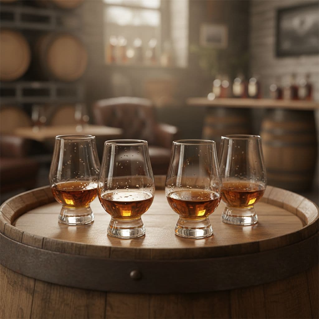 Arrangement of four small tasting glasses filled with amber bourbon on a polished oak barrel top in a cozy distillery tasting room, soft overhead lighting, droplets on glass edges, photorealistic close-up.