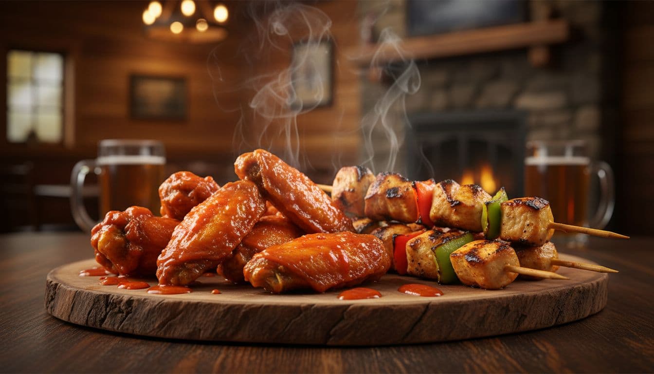 Close-up of appetising Buffalo chicken wings and spiedie skewers on a wooden plate in a cosy upstate New York tavern setting, with sauce drips and steam rising under warm overhead lighting in realistic food photography style.