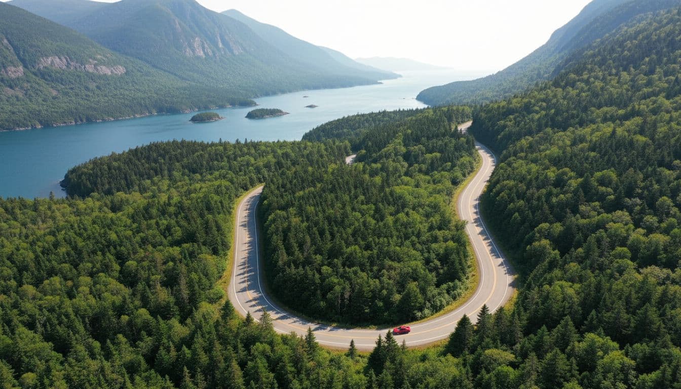 The Cabot Trail highway curves through dense green forests and steep mountains, with a sparkling ocean inlet below and a single red car driving on the road under summer afternoon sunlight.