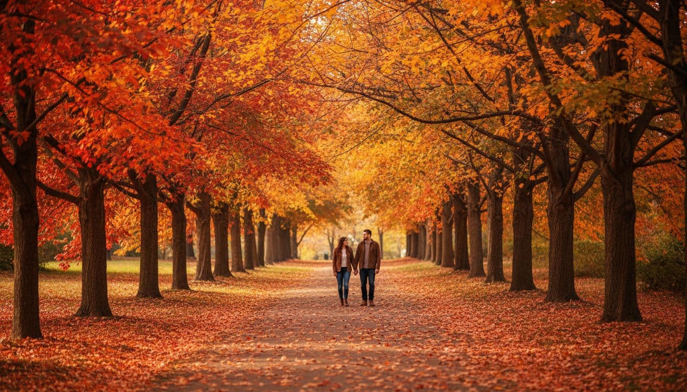 Vibrant autumn foliage lines tree-shaded paths in Cherokee Park Louisville Kentucky with scattered golden and red leaves on the ground. A couple walks hand-in-hand in the distance under soft afternoon sunlight filtering through branches.
