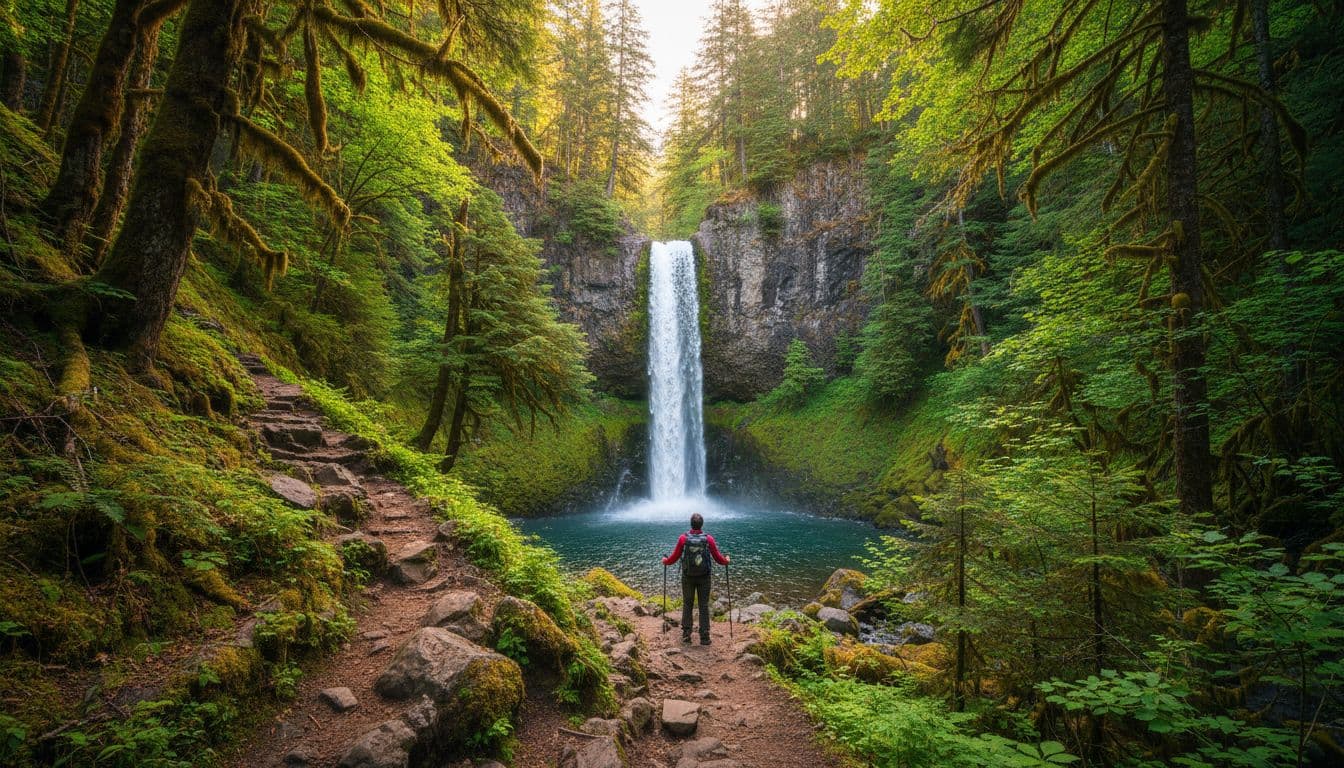 Steep forested trail climbs to a tall waterfall cascading into a pool in the dense green Chuckanut Mountains during summer, with sunlight illuminating mossy rocks and exactly one hiker at the base looking up.