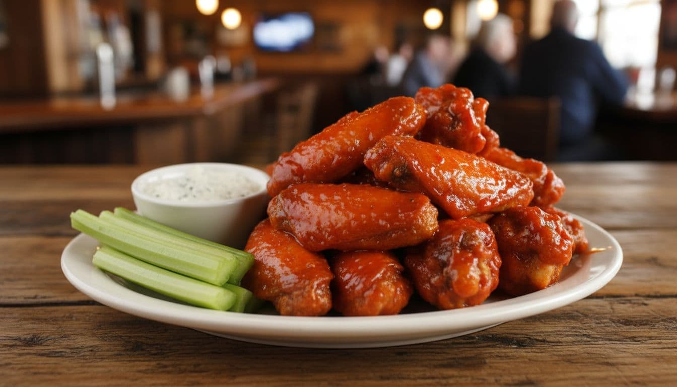 Classic Buffalo chicken wings piled high on a white plate, glossy with spicy sauce, served with celery sticks and blue cheese dressing on a wooden bar table in a cozy pub with dim warm lighting.