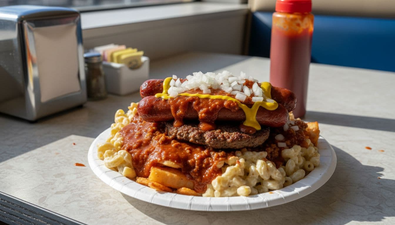 Classic Rochester Garbage Plate piled high with macaroni salad, home fries, two hot dogs, and a hamburger, topped with meat sauce, mustard, and onions on a white paper plate, set on a diner table with ketchup bottle nearby, realistic diner photo in bright daylight.