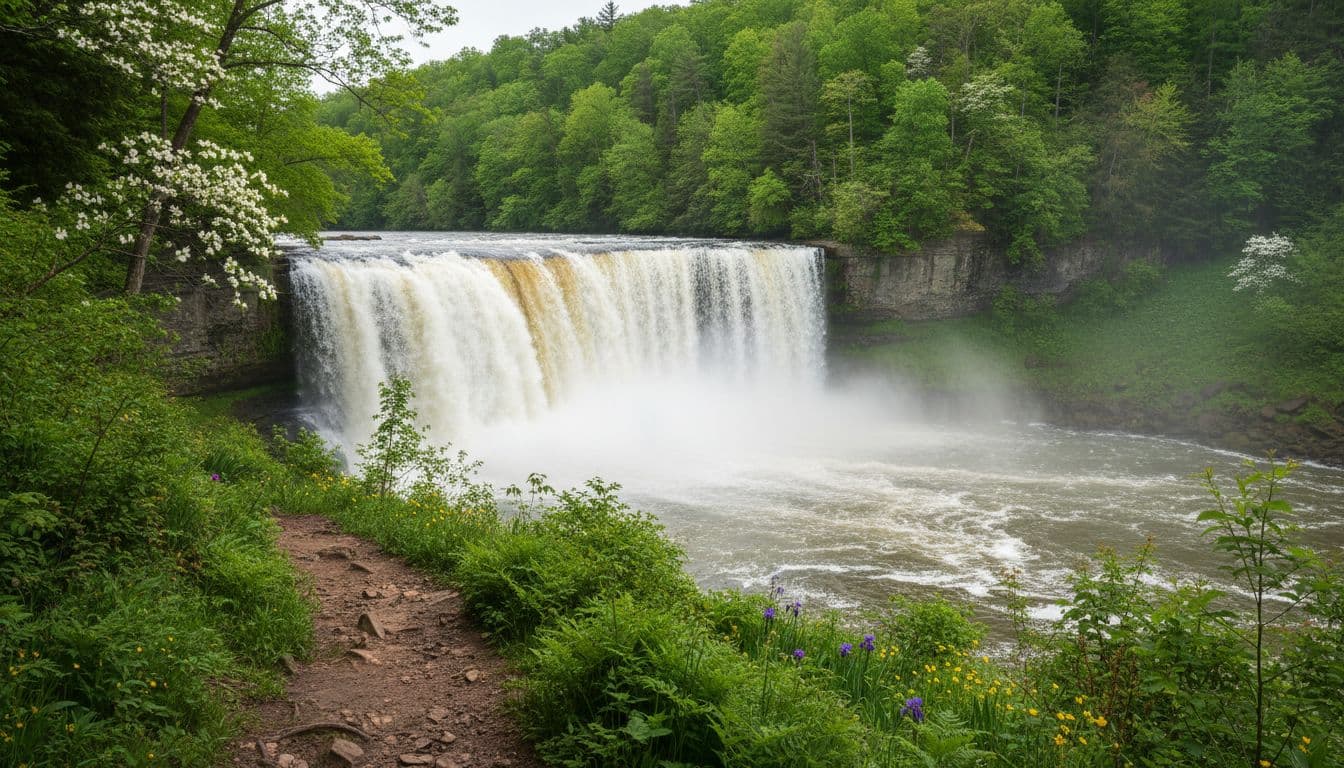 Powerful Cumberland Falls waterfall in full spring flow cascades over mossy rocks into a misty pool, surrounded by dense green forest with wildflowers and a foreground hiking trail.
