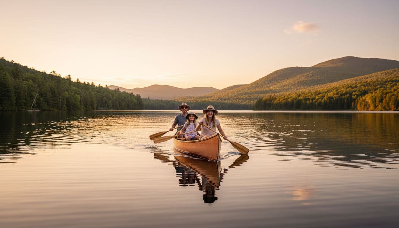 A happy family of four paddles a canoe on a calm lake in the Adirondacks mountains during summer, surrounded by pine trees and hills under warm golden hour sunlight.