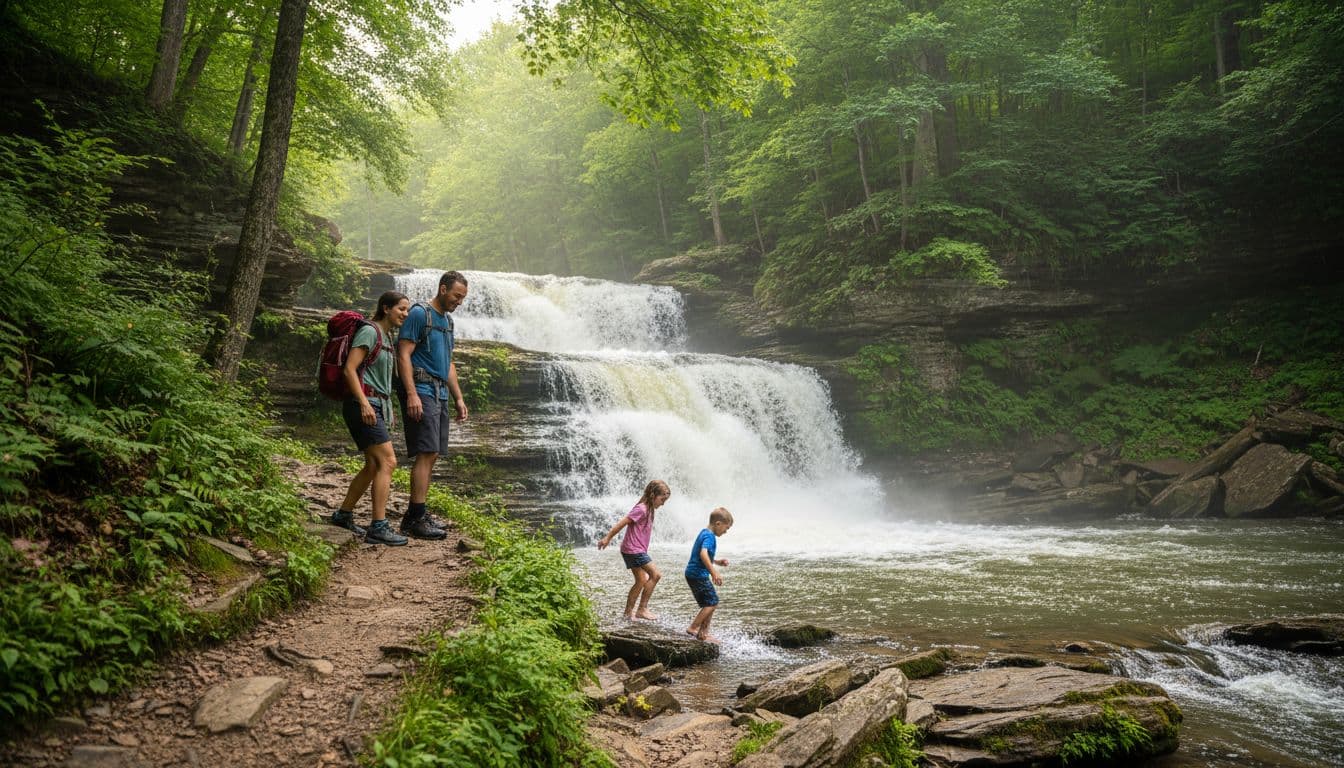 A joyful family of two adults and two children walks along a scenic trail beside a cascading waterfall in the Finger Lakes region during summer, with kids splashing in the shallow pool at the base surrounded by lush green forests and rocks.