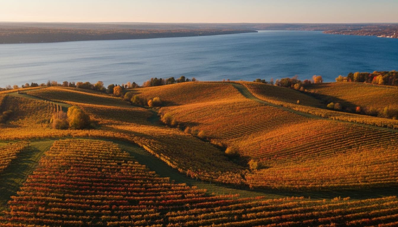 Scenic landscape of vineyards on rolling hills overlooking Seneca Lake in the New York Finger Lakes region, featuring clear blue water and vibrant autumn foliage under golden hour sunlight casting long shadows.