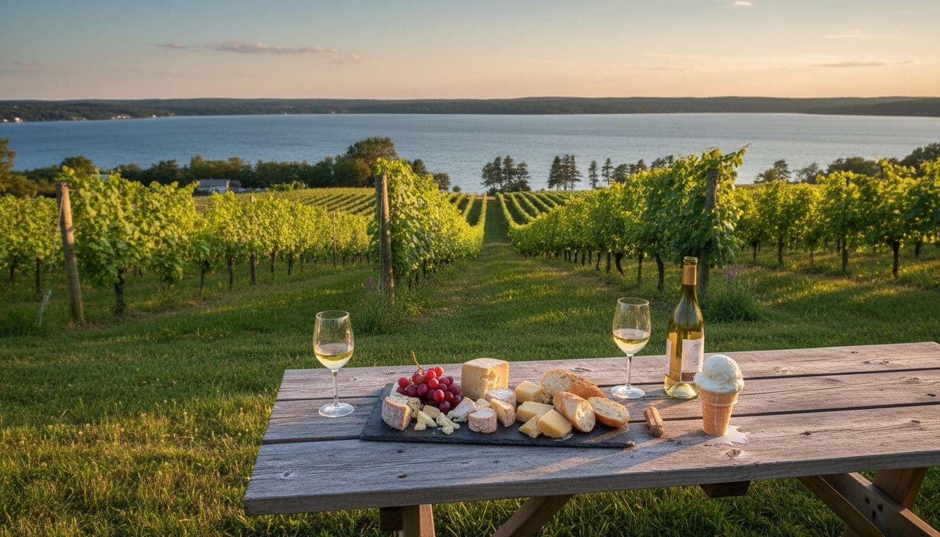 Vineyard rows lead to a calm blue lake in Finger Lakes, New York, featuring a wooden picnic table with local cheese board, wine glasses, and ice cream cone under warm summer evening light.