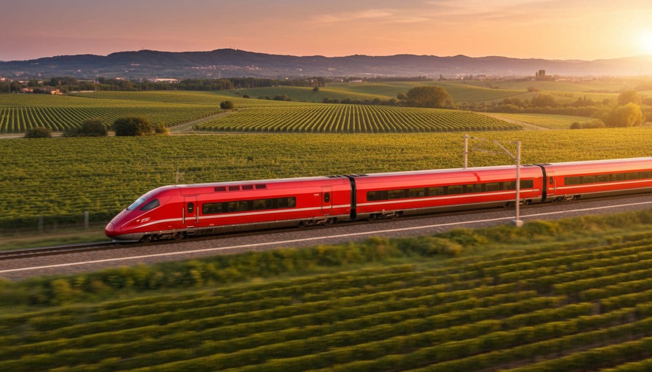 Sleek red Frecciarossa high-speed train speeds through Italian countryside at sunset, passing vineyards and rolling hills near Verona with golden light illuminating the fields. Realistic side-angle photo features dynamic motion blur on wheels, no people or text visible.