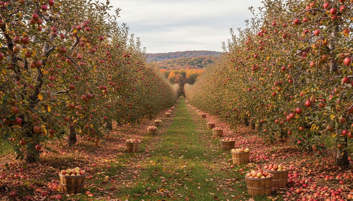Rustic Hudson Valley apple orchard in autumn with rows of trees laden with red and green apples, wooden baskets of fresh harvest on the ground, vibrant fall foliage, and soft diffused sunlight.