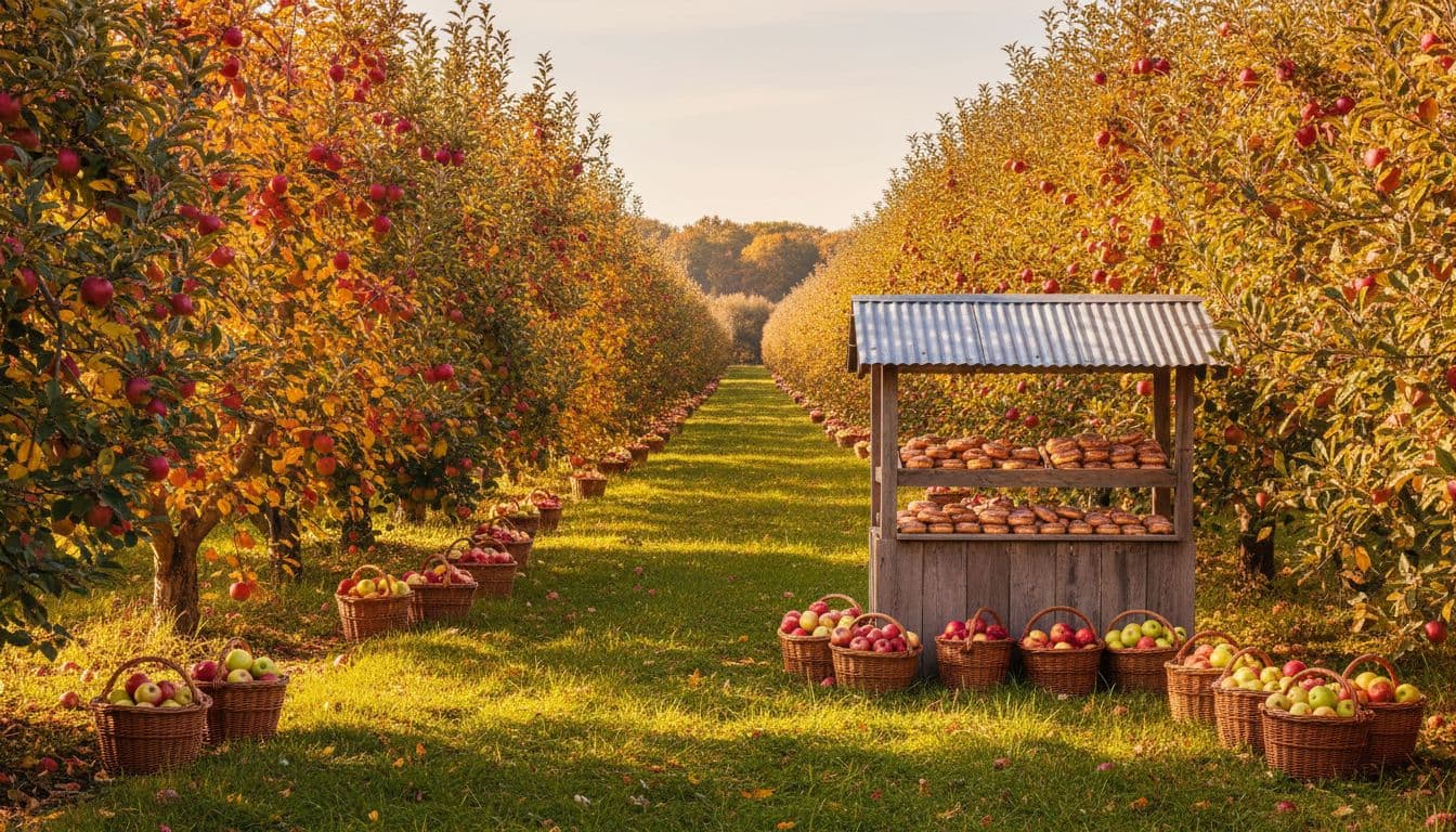 Vibrant autumn apple orchard in Hudson Valley, New York State, with rows of red and green apple trees, harvest baskets filled with apples near a rustic farm stand selling cider donuts, bathed in golden afternoon sunlight.