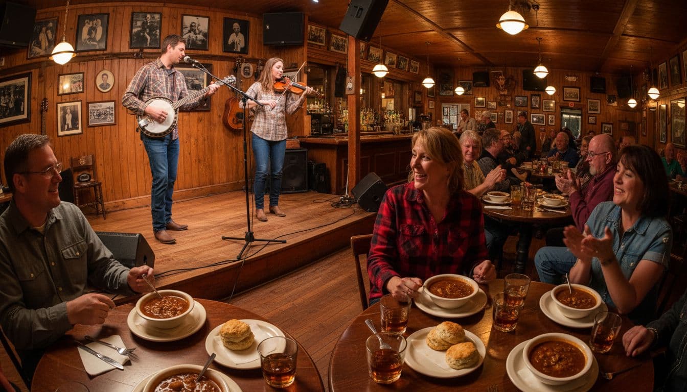Vibrant bluegrass scene in a Kentucky small town bar with two musicians on banjo and fiddle, audience tables with burgoo stew, biscuits, and bourbon glass under warm evening lights.