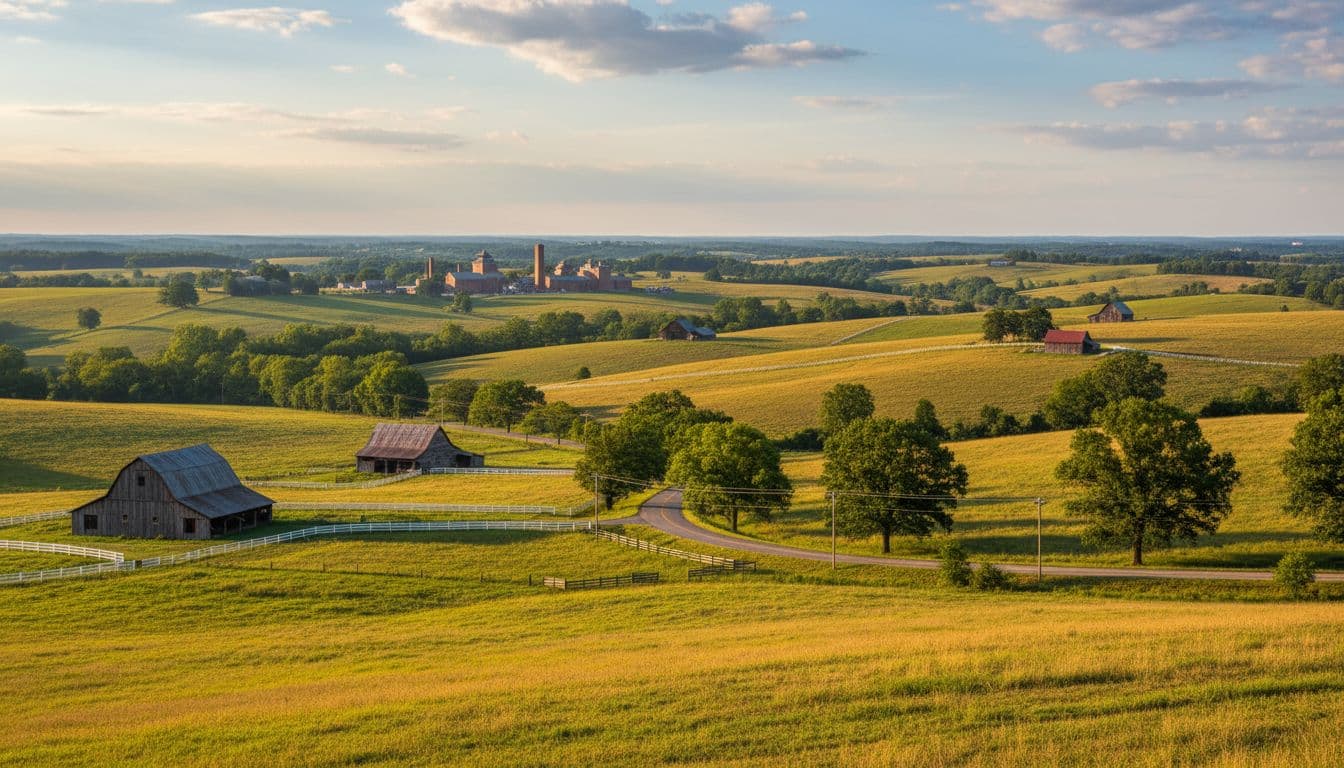 Photorealistic landscape of Kentucky's bourbon country showcasing rolling hills, wooden barns, distant distillery buildings, and winding country roads under a partly cloudy daytime sky with warm natural lighting.