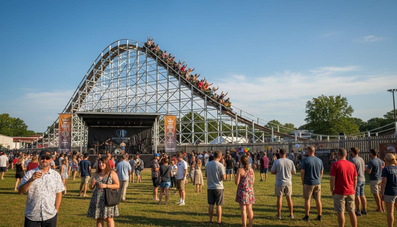 Festival attendees ride a classic wooden roller coaster at Kentucky Kingdom amusement park during the daytime bourbon festival, with smiling faces blurred in motion and a lively crowd of 50 below on stages under a blue sky.