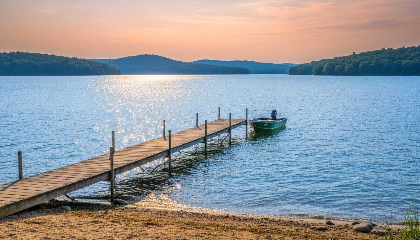 Kentucky Lake in summer with calm sparkling blue water, wooden dock extending into the lake with a small fishing boat tied, sandy beach area, and distant wooded hills under warm sunset lighting. Serene composition with no people visible.