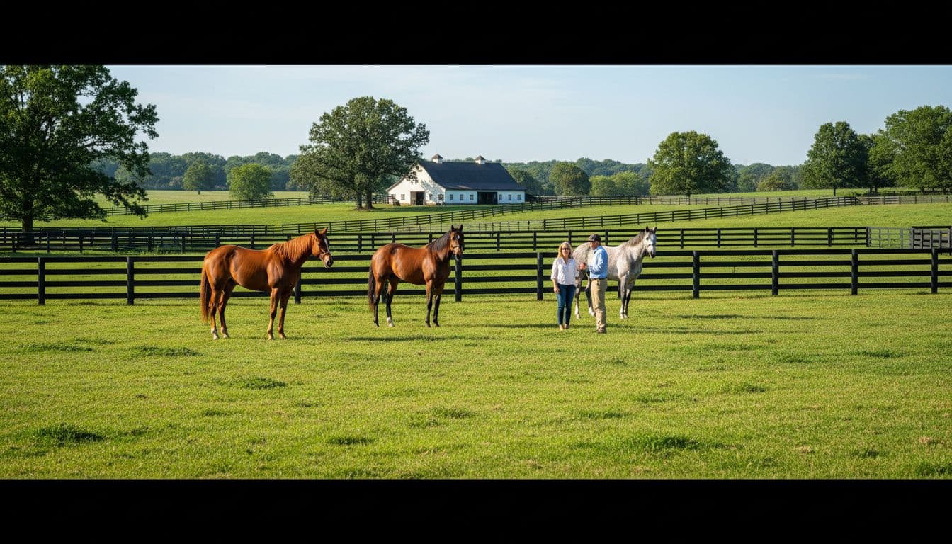 Elegant thoroughbred horses stand relaxed in a lush green paddock at a Kentucky horse farm, surrounded by black plank fences under sunny afternoon light. Two adult visitors observe calmly from behind the fence during a guided tour.