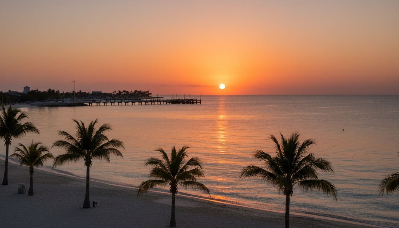 Sunset over Key West beach with calm sea, silhouetted palm trees, and Mallory Square in the background featuring distant people watching the sunset under a warm orange and pink sky.