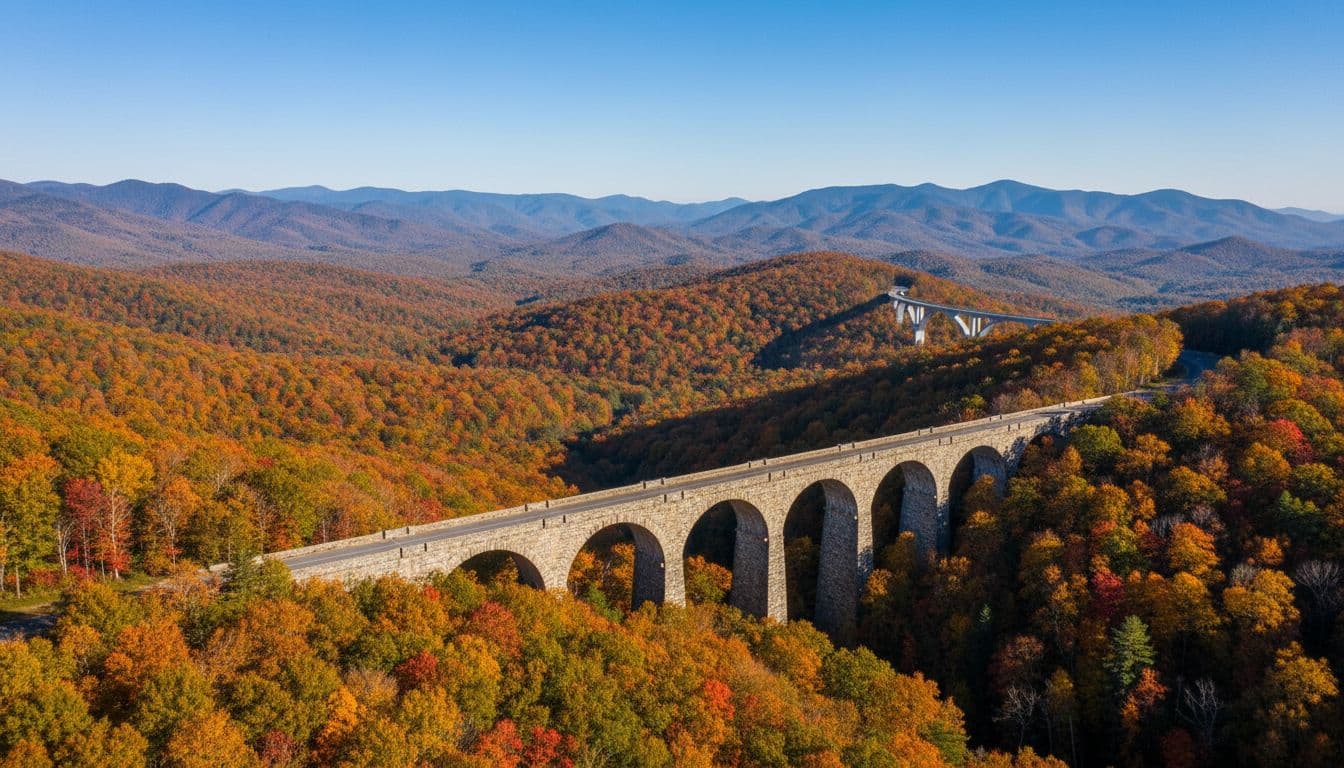 Iconic stone viaduct arches over a lush green valley amid vibrant fiery red and gold autumn trees along the Blue Ridge Parkway on a sunny day, with distant mountains in view.