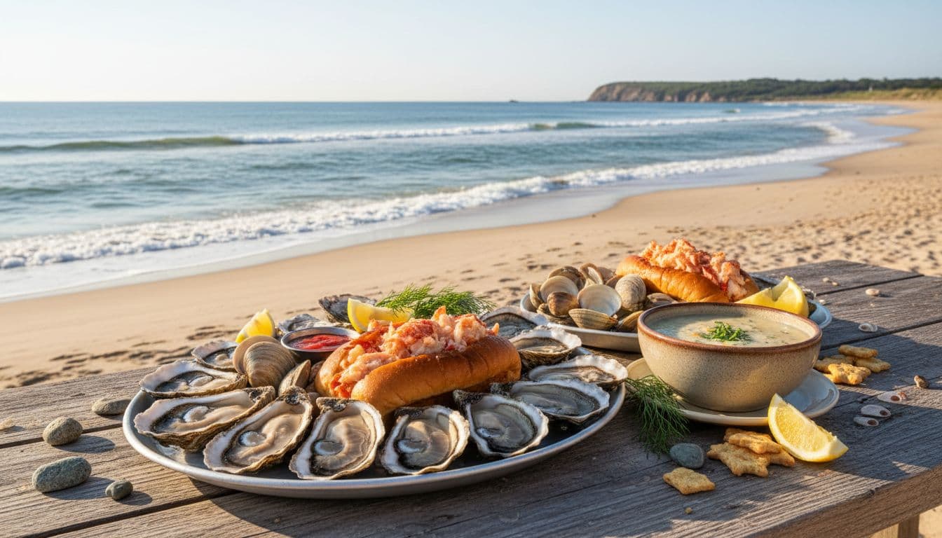 Platter of fresh oysters, clams, lobster roll, and chowder on a wooden table with ocean waves and sandy beach background under bright daylight.