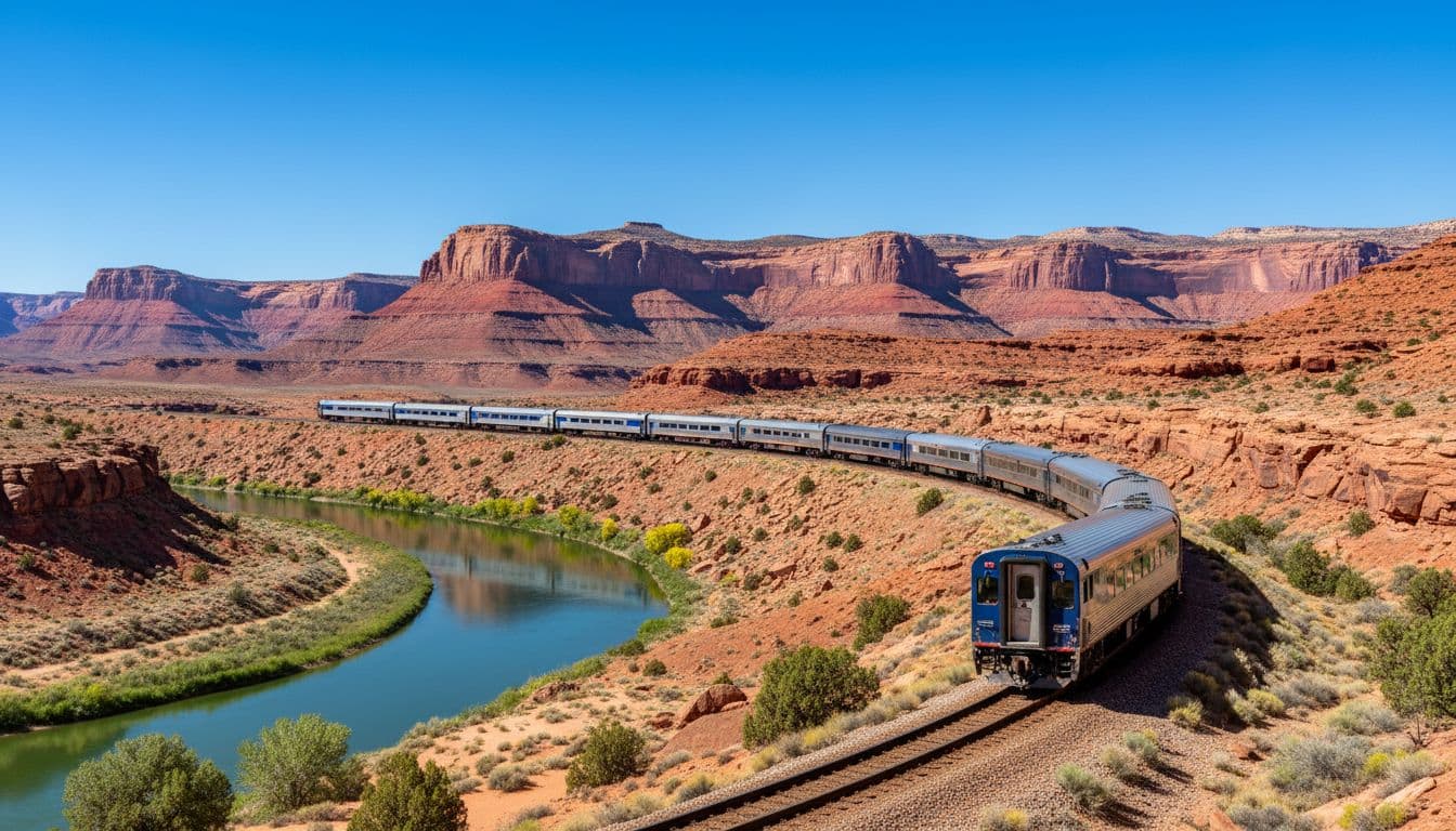 Luxury passenger train curving through vibrant red rock canyons near Moab, Utah, with river below on a sunny day, distant cliffs and desert scrub from side angle.