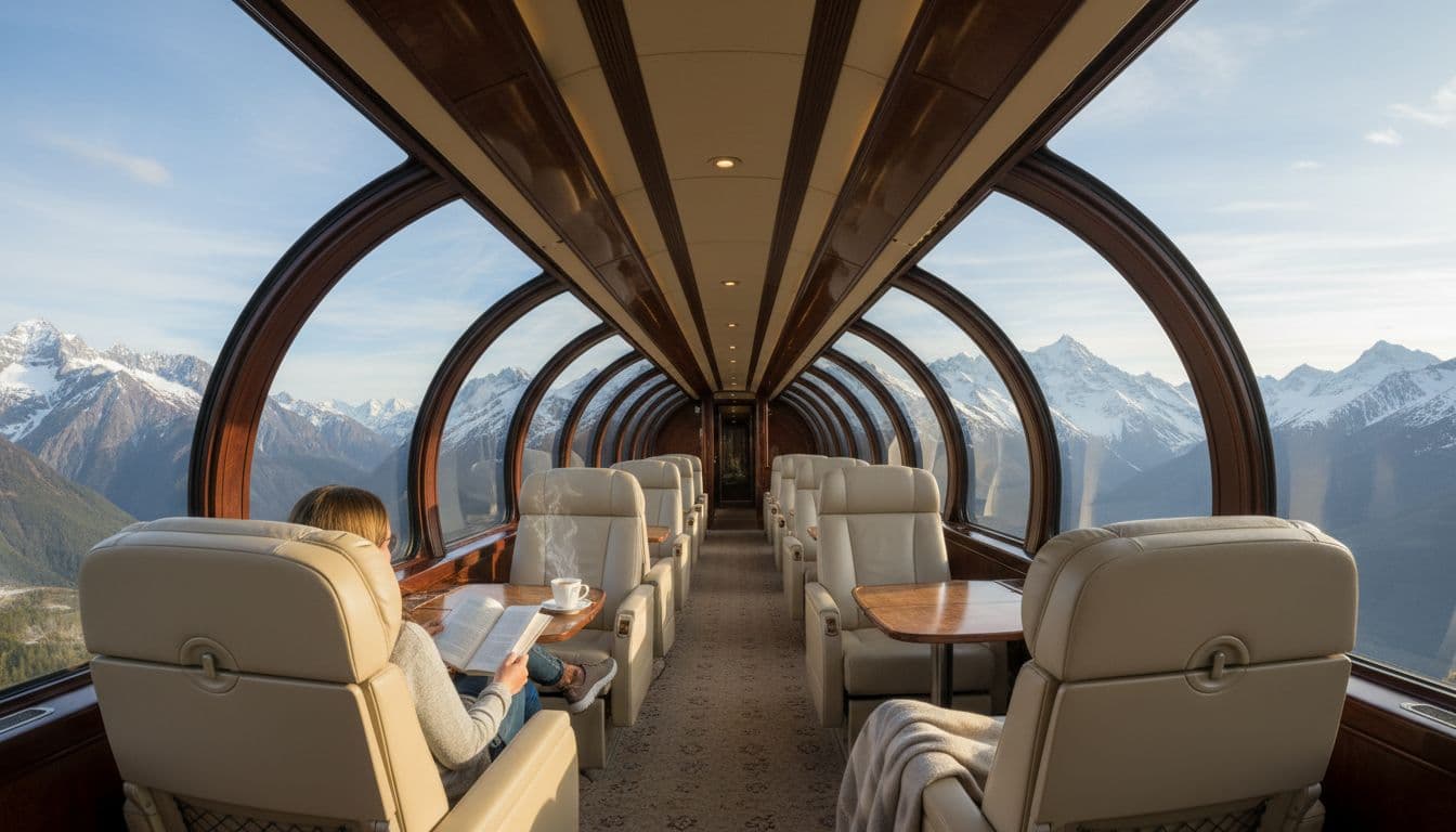 Spacious interior of a luxury train observation dome car with oversized windows offering panoramic mountain views, comfortable reclining seats, one passenger relaxing reading a book, and elegant wooden accents in soft natural daylight.