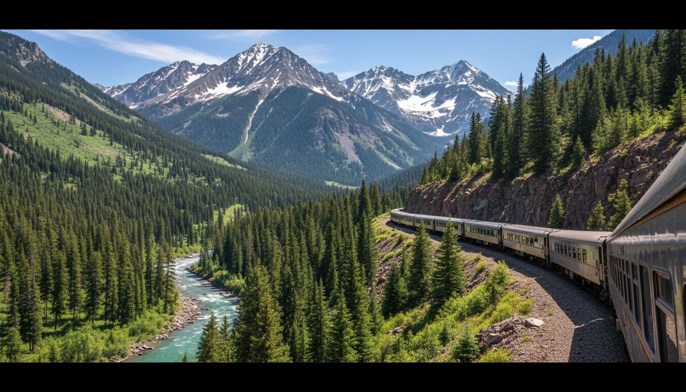 A luxury train track winds through the Rocky Mountains in Colorado, flanked by evergreen forests on the slopes and towering snow-capped peaks, with a deep river valley below, captured in bright daylight from an elevated side angle.