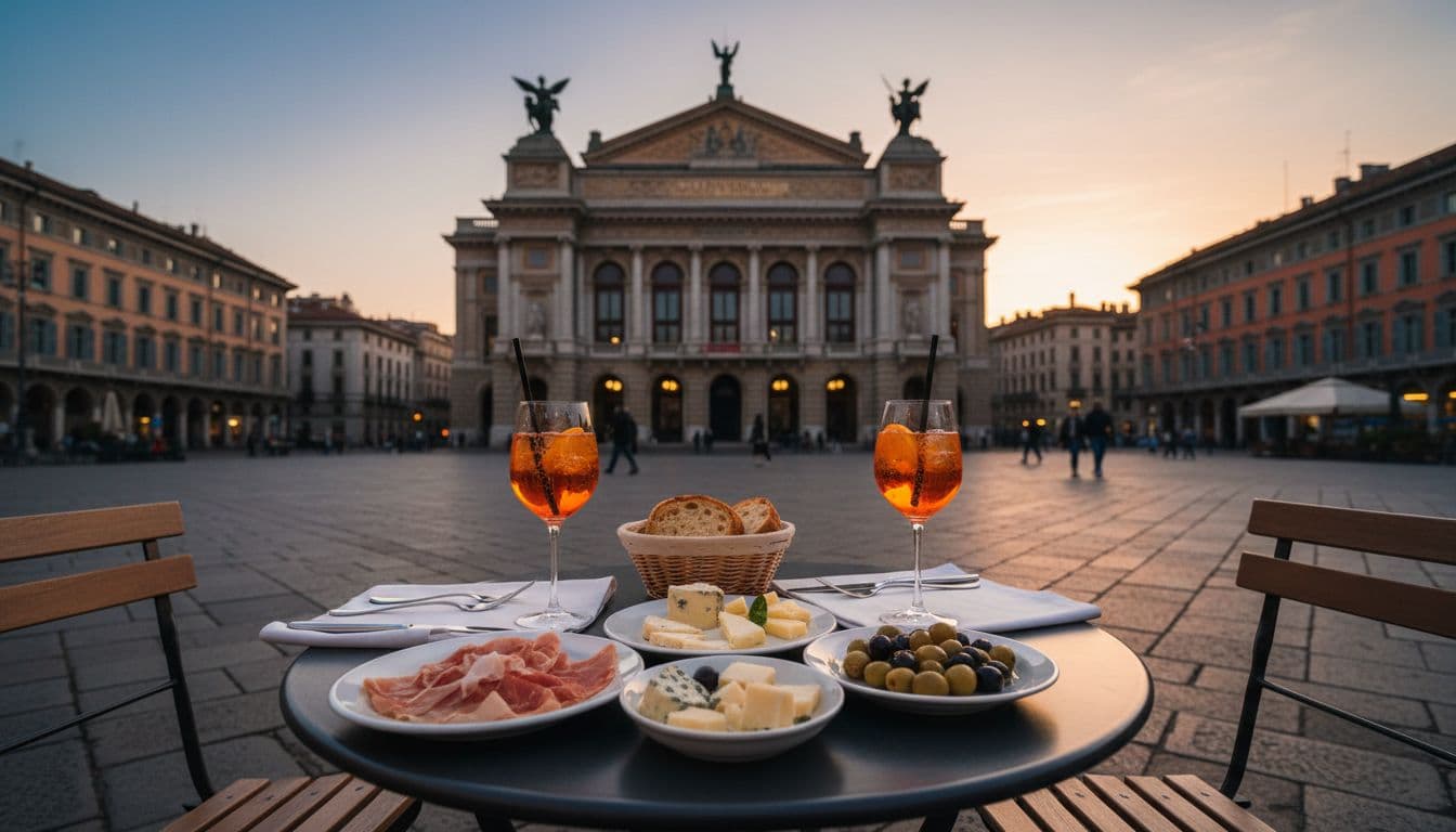 Outdoor aperitivo table in a Milan piazza at dusk before the opera, with glasses of Aperol spritz, small plates of cheese, prosciutto, and olives, set against a historic building backdrop under warm orange lighting.