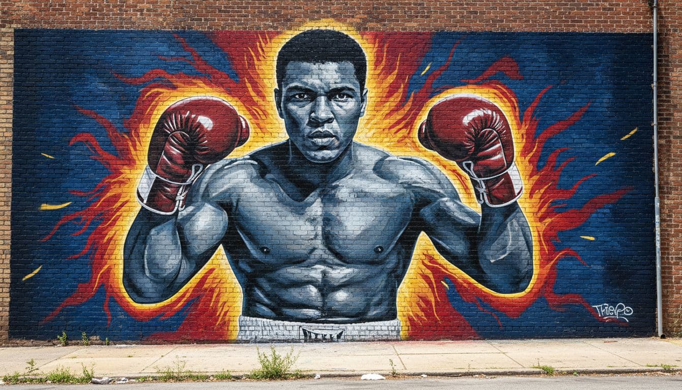 Vibrant photorealistic street mural of Muhammad Ali in his famous boxing pose with fists raised, on a brick wall in a Louisville, Kentucky urban alley during daylight, featuring bold primary colors, high detail on his determined face and muscular form, empty surroundings.