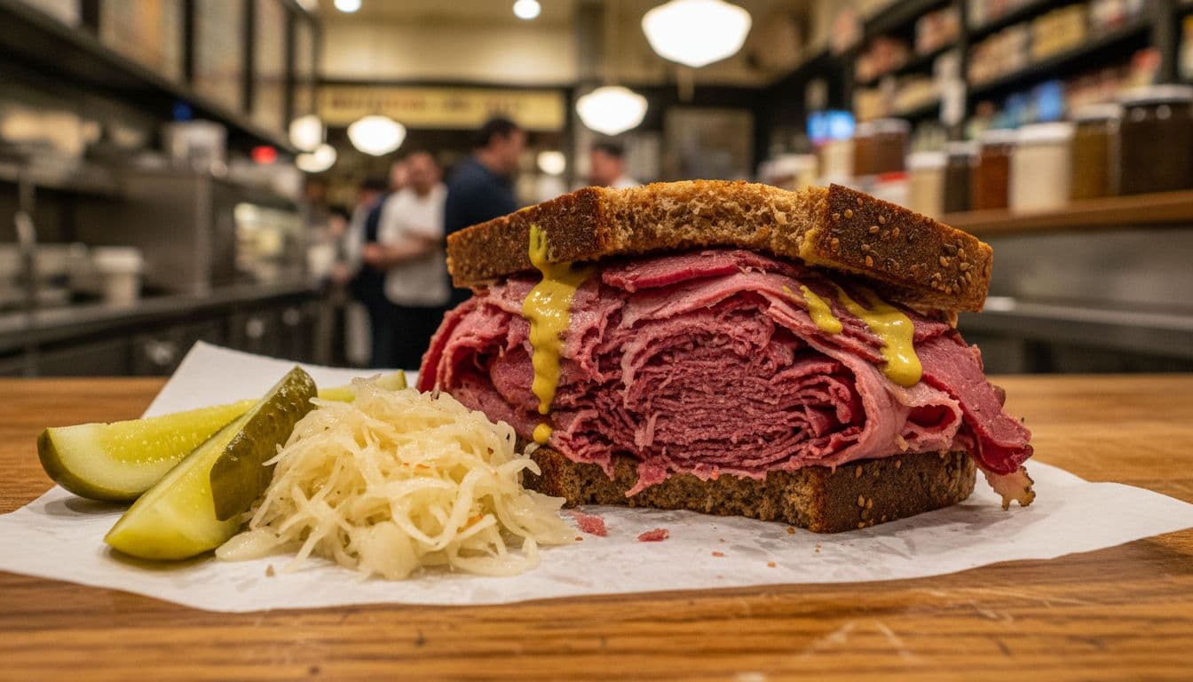 Tall stack of thinly sliced pastrami on rye bread with mustard drizzle, half-eaten to show juicy layers, served with pickles and sauerkraut on deli paper atop a wooden counter in a classic New York deli.