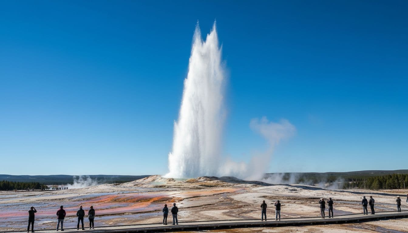 Old Faithful geyser in Yellowstone National Park erupts with a tall column of steaming water against a clear blue sky, surrounded by colorful geothermal pools, bacterial mats, and a wooden boardwalk with distant visitors.