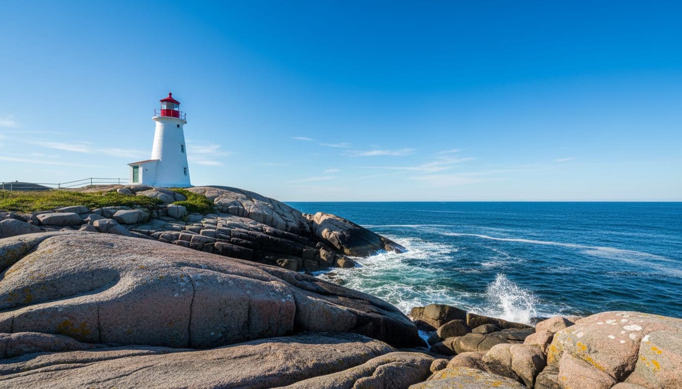 Famous Peggy's Cove lighthouse perched on large smooth granite boulders by the Atlantic Ocean, with waves gently crashing on a clear bright day under a blue sky. Photorealistic landscape composition featuring the rocky coastline, no people, text, logos, or watermarks.