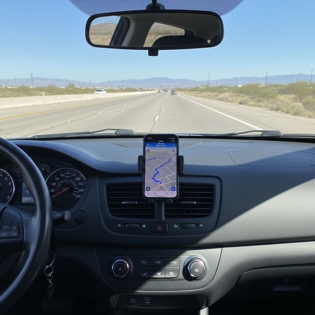 Dashboard view from a US rental car showing speedometer in mph, GPS on phone mount, and highway ahead through windscreen. Focus on instruments and road with empty passenger seat, photorealistic daylight square composition.