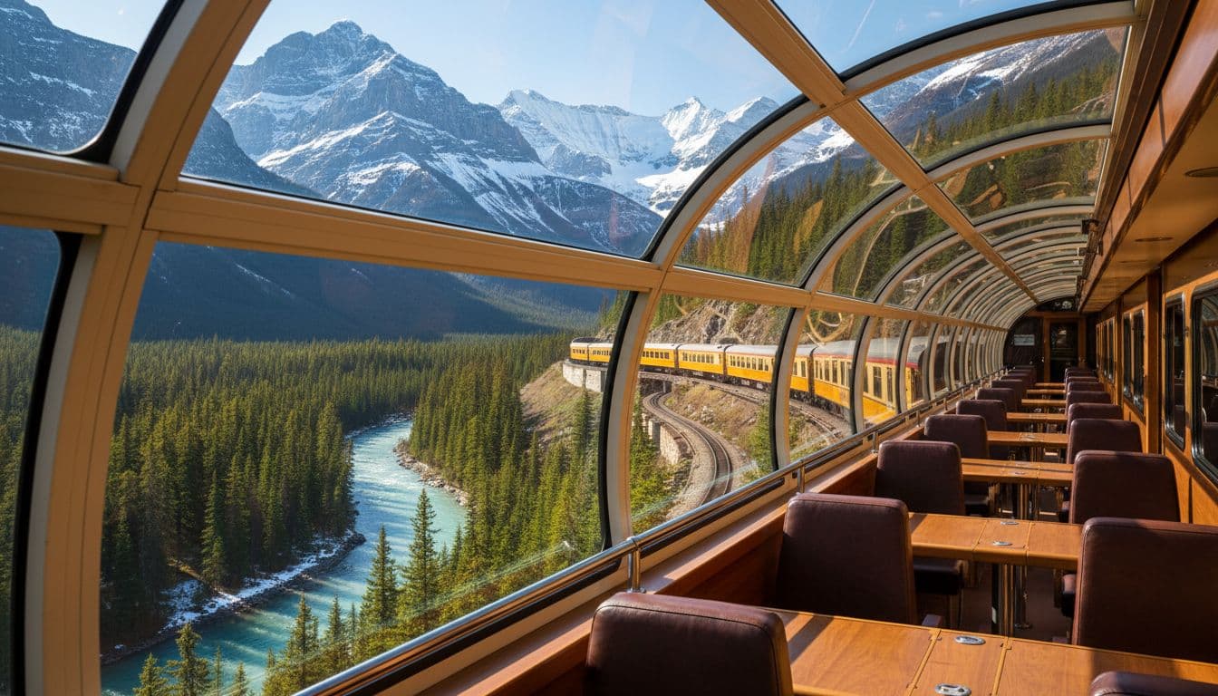 View from inside the Rocky Mountaineer luxury train's glass-domed observation car overlooking the Spiral Tunnels, snow-capped peaks in the Canadian Rockies, and turquoise river valley below in bright daylight.