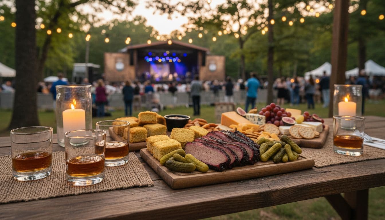 A rustic wooden table at an outdoor music festival displays three glasses of amber bourbon neat with platters of smoked brisket, cheese board, cornbread, and fresh pickles under warm candlelight and string lights.