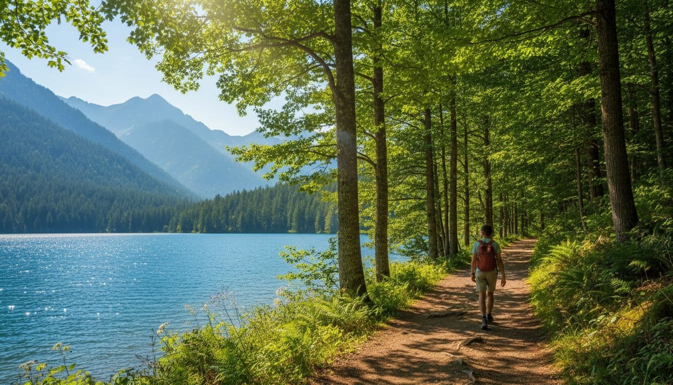 A peaceful forest trail loops around a calm summer lake, featuring tall shade-providing trees, sparkling blue water, distant mountains, and sunlight filtering through leaves. Exactly one hiker walks away in a relaxed pose on the path.