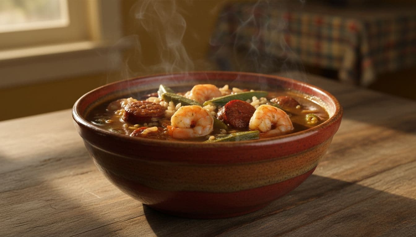 Steaming bowl of rich gumbo with shrimp, sausage, okra, and rice in a rustic ceramic bowl on a wooden table in a cozy Louisiana dining setting. Realistic food photography style with warm golden hour lighting and high detail on textures, centered composition.
