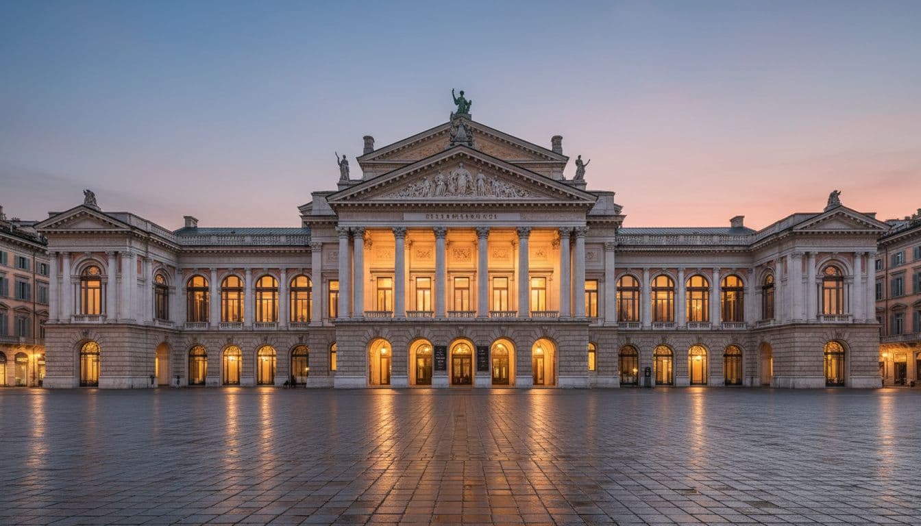 Grand neoclassical facade of Teatro alla Scala opera house in Milan at twilight, featuring elegant columns and statues, with a wide cobblestone piazza in the foreground bathed in warm golden lights.